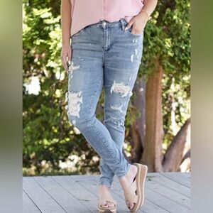 Judy Blue Midrise Light Wash Chantilly Skinny Jean w/Lace Patching Size 7